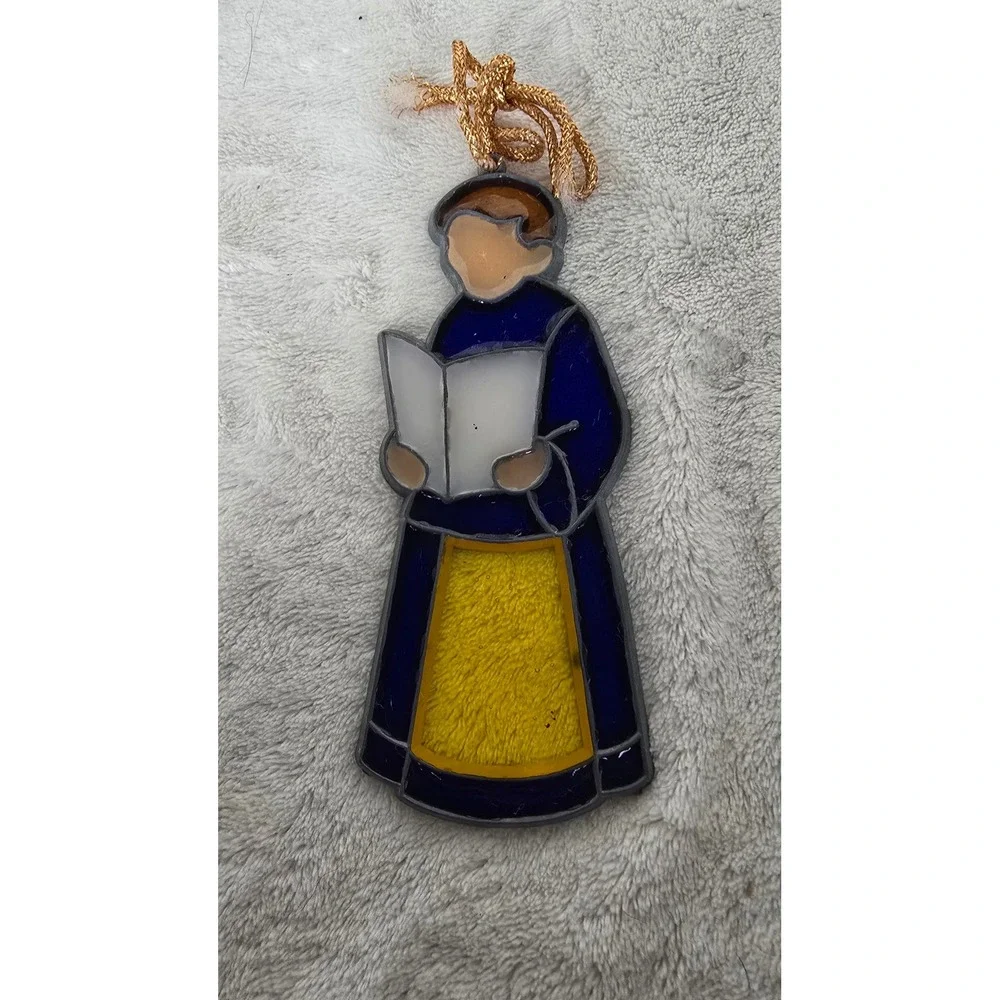 Vintage Faux Stained Glass Choir Boy Caroler Suncatcher Christmas Ornament